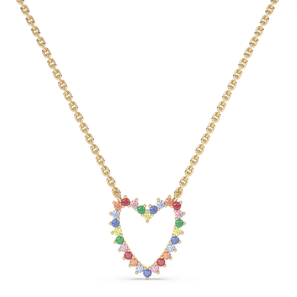 heart necklace handmade with rainbow sapphires set in 14k solid gold