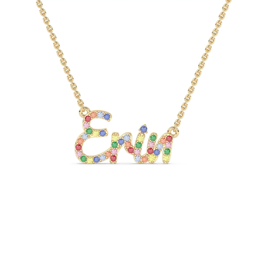 name necklace handmade with rainbow sapphires set in 14k solid gold